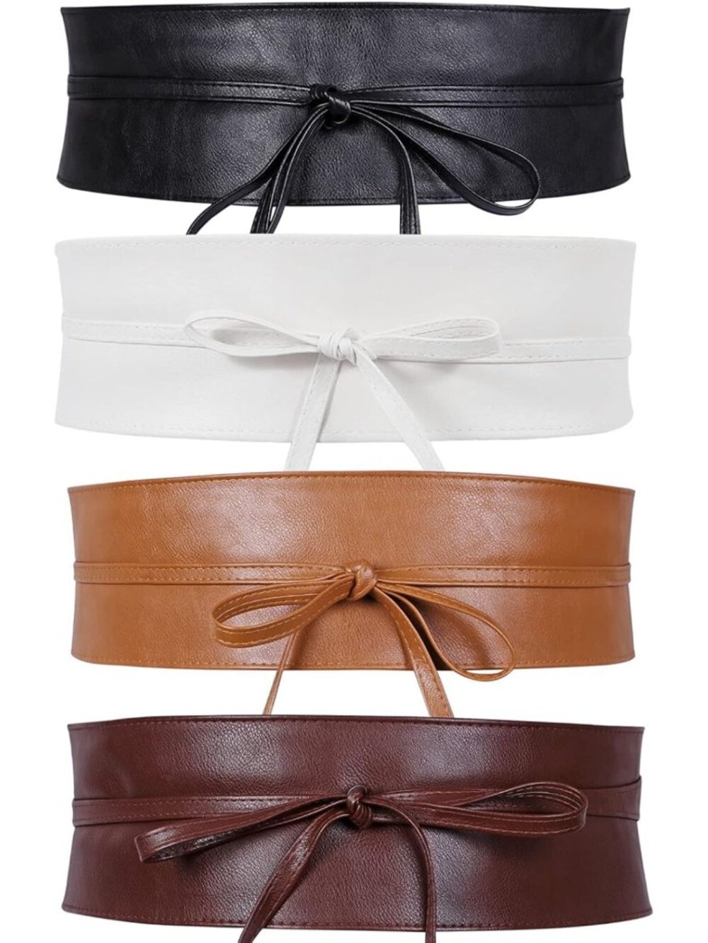 4 Pack Women’s Boho Obi Belt - PU Leather Self Tie Wrap Wide Waistband for